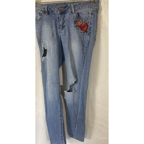 Jeans Festival Distressed Studded Rose Rock Western Biker Embellished Pocket S13 - Picture 1 of 12